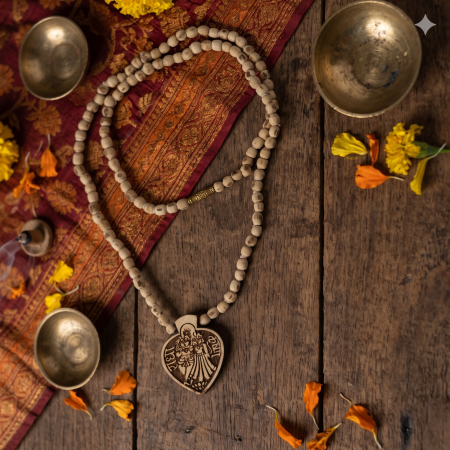 Single-round Tulsi Kanthi Mala with round Radha Krishna Chavi Locket