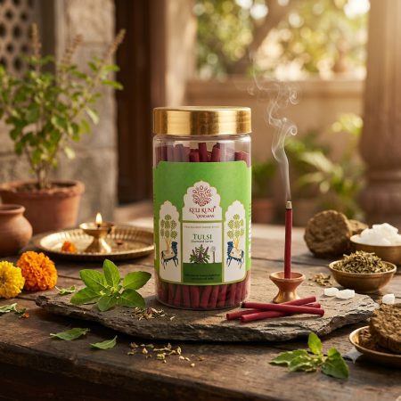 Keli Kunj Tulsi Fragrance Panchgavya Dhoop Sticks made with Gau Dung and 28 herbs