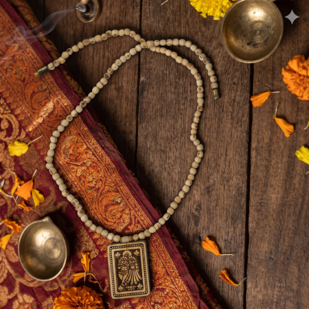 Radha Krishna Photo Naam Locket with original natural Tulsi Mala by Keli Kunj Vrindavan