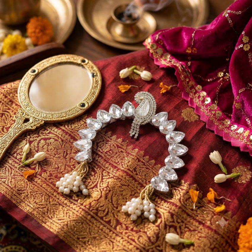 Radha Rani Chandrika for Shri Ji – Keli Kunj Keli Kunj Radha Rani Chandrika with crystal-style stones and pearl-style accents for Shri Ji Shringar