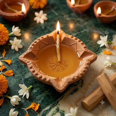 Keli Kunj Char Mukhi Mitti Ke Diye with Braj Raj Set of 51 Big Size Clay Diyas for Diwali and Pooja
