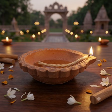 Keli Kunj Clay Akhand Diya Set of 2 with Braj Raj for Pooja and Akhand Jyot