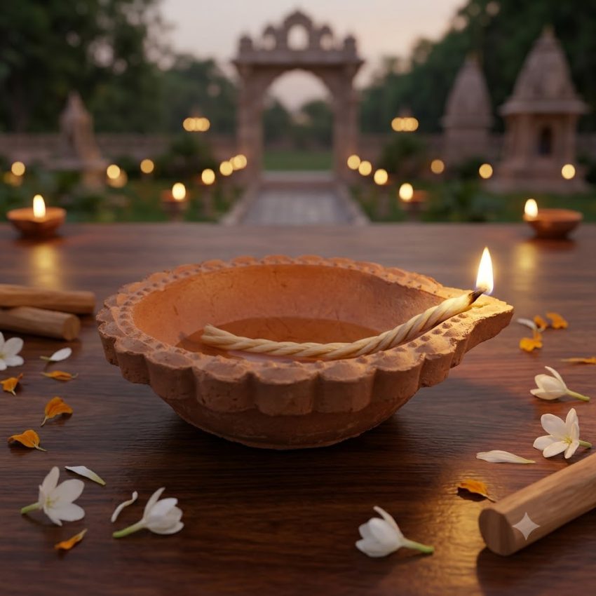 Keli Kunj Clay Akhand Diya Set of 2 with Braj Raj for Pooja and Akhand Jyot