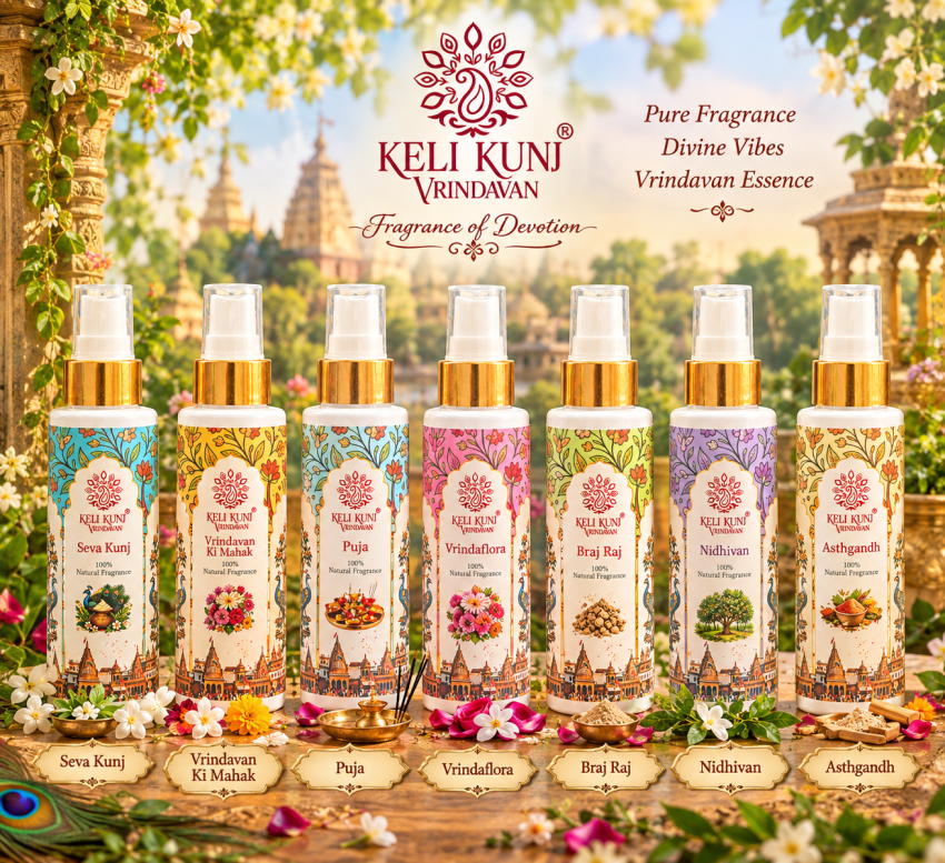 Keli Kunj Perfume Combo Pack of Seven for 7 Days Keli Kunj Perfume Combo Pack of 7 for 7 Days with Nidhivan, Seva Kunj, Vrindavan Ki Mahak, Asthgandh, Puja, Vrindaflora and Braj Raj