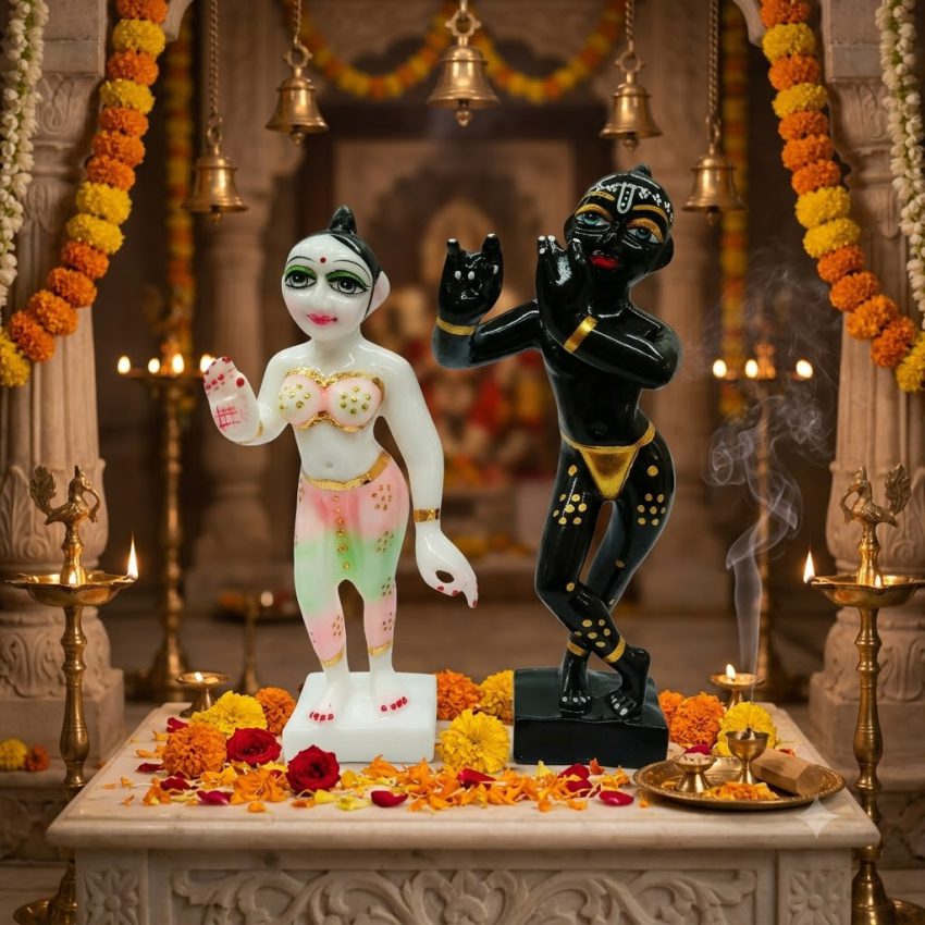 eli Kunj Radha Krishna Jugal Jodi 9-inch dust marble Vigraha featuring Shriji and Black Thakur Ji