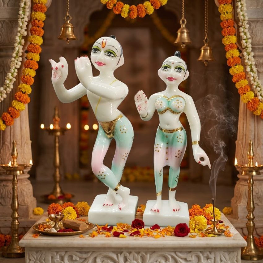 Radha Krishna Jugal Jodi Dust Marble Vigraha – White Thakur Ji with Shriji Keli Kunj Radha Krishna Jugal Jodi 9-inch dust marble Vigraha featuring White Thakur Ji and Shriji