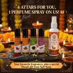 Kunj Winter Attar Combo featuring Kesar, Hina, Agar and Samama 10ml attars with a free 100ml Winter Kasturi Perfume.