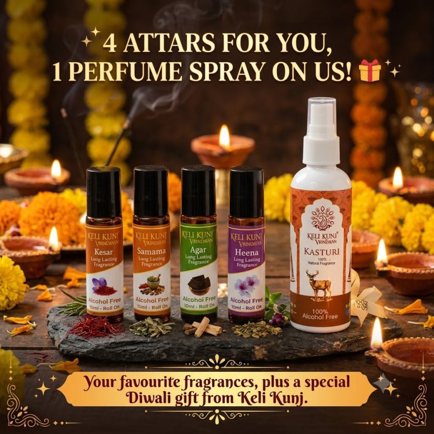 Keli Kunj Winter Attar Combo – 4 Attars with Free Perfume Kunj Winter Attar Combo featuring Kesar, Hina, Agar and Samama 10ml attars with a free 100ml Winter Kasturi Perfume.