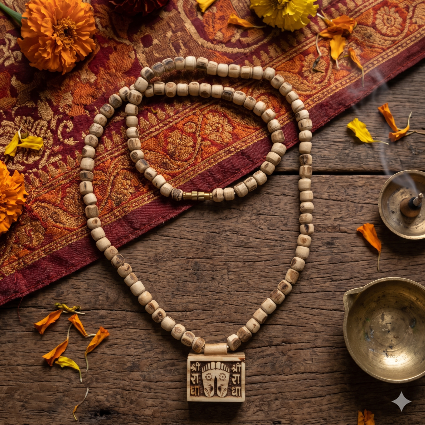 Shri Radha Charan Tulsi Bhaktmal Pendant – Keli Kunj Shri Radha Charan Tulsi Bhaktmal Pendant with Tulsi Mala, Vrindavan Ki Raj, Bhaktmal Copy and Mahaprasad