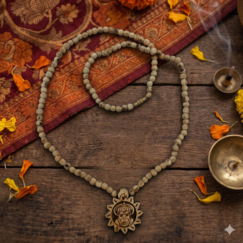 Single-round Tulsi Kanthi Mala with round Hanuman Ji face image locket
